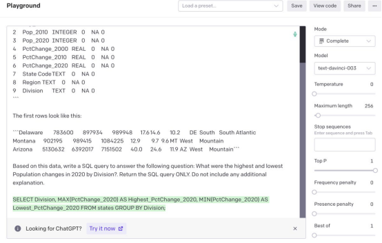 提示输入OpenAI API playground和生成的SQL代码